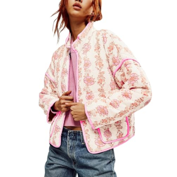 Tankaneo Women's Floral Quilted Jacket - Lightweight Winter Coat with Pockets