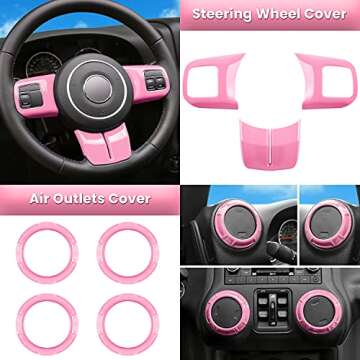 E-cowlboy 18 PCS Full Set Interior Decoration Trim Kit Steering Wheel Center Console Door Handle Air Conditioning Vent Cup Holder Gear Cover Trim for Jeep Wrangler JK JKU 2011-2018 4-Door (Pink)