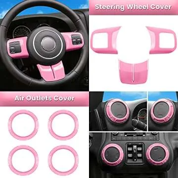 E-cowlboy 18 PCS Full Set Interior Decoration Trim Kit Steering Wheel Center Console Door Handle Air Conditioning Vent Cup Holder Gear Cover Trim for Jeep Wrangler JK JKU 2011-2018 4-Door (Pink)