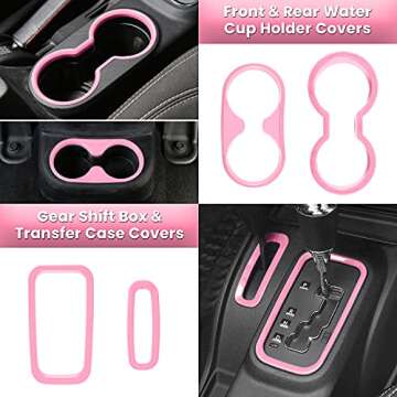 E-cowlboy 18 PCS Full Set Interior Decoration Trim Kit Steering Wheel Center Console Door Handle Air Conditioning Vent Cup Holder Gear Cover Trim for Jeep Wrangler JK JKU 2011-2018 4-Door (Pink)