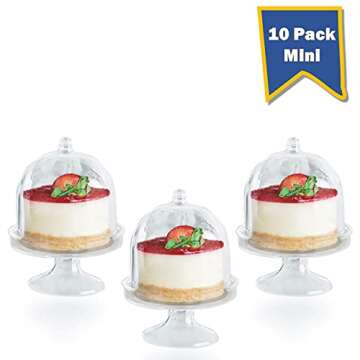Posh Setting Mini Collection, Mini Cake Plate with Stand and Dome Cover, Heavyweight Clear Plastic, Elegant Disposable Tiny Cake Stand. (10 CT)