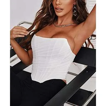 CORSKI Women's Mesh Bustier Zip Back Vintage Strapless Crop Top Open Back Boned Corset Bodyshaper Clubwear Party S