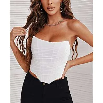 CORSKI Women's Mesh Bustier Zip Back Vintage Strapless Crop Top Open Back Boned Corset Bodyshaper Clubwear Party S