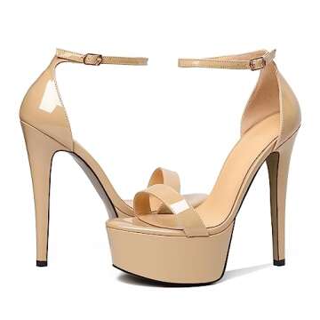 Joseywade Platform Stiletto Heels Heeled Sandals For Women Open Peep Toe Heels Sky High Heels 6 Inch Strappy One Strap Pump Shoes Patent Beige US Size 5