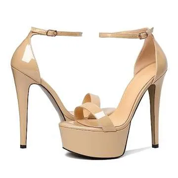 Joseywade Platform Stiletto Heels Heeled Sandals For Women Open Peep Toe Heels Sky High Heels 6 Inch Strappy One Strap Pump Shoes Patent Beige US Size 5
