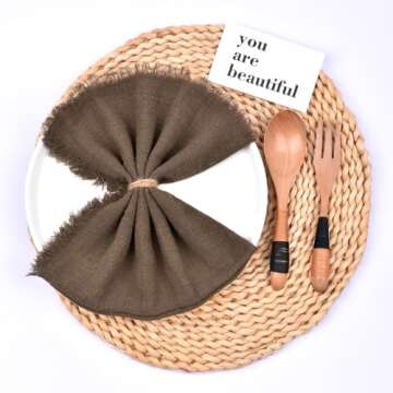 Joanlody Coffee 6 Pack Handmade Cloth Napkins Cotton Linen Easter Spring Napkins with Fringe Rustic Bulk Dinner Napkins for Wedding Party Baby Shower Table Decor