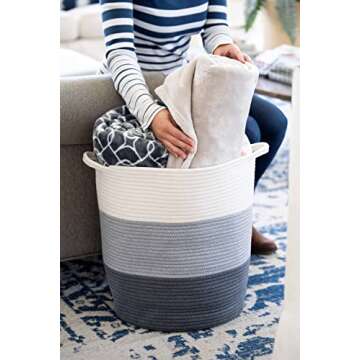 Little Hippo 2pc Extra Large Cotton Rope Basket (18"x16") 100% Natural Cotton! Laundry Basket, Woven Storage Basket, Large Basket, Blanket Basket Living Room, Toy Basket, Pillow Basket, Gray