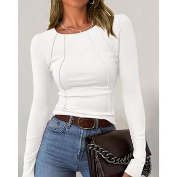 KIRUNDO Ribbed Long Sleeve Tops for Women Stretchy Slim Basic Crop Tee Tops Exposed Seams Casual Spr...