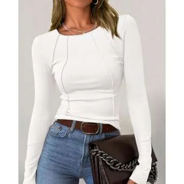 KIRUNDO Ribbed Long Sleeve Tops for Women Stretchy Slim Basic Crop Tee Tops Exposed Seams Casual Spr...