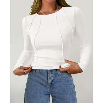 KIRUNDO Ribbed Long Sleeve Tops for Women Stretchy Slim Basic Crop Tee Tops Exposed Seams Casual Spring Fall Trendy Tshirt(White, Medium)