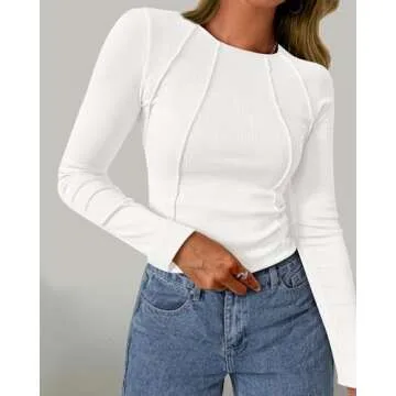 KIRUNDO Ribbed Long Sleeve Tops for Women Stretchy Slim Basic Crop Tee Tops Exposed Seams Casual Spring Fall Trendy Tshirt(White, Medium)