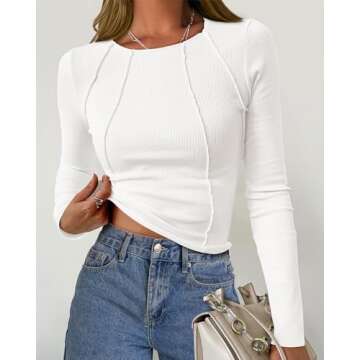 KIRUNDO Ribbed Long Sleeve Tops for Women Stretchy Slim Basic Crop Tee Tops Exposed Seams Casual Spring Fall Trendy Tshirt(White, Medium)
