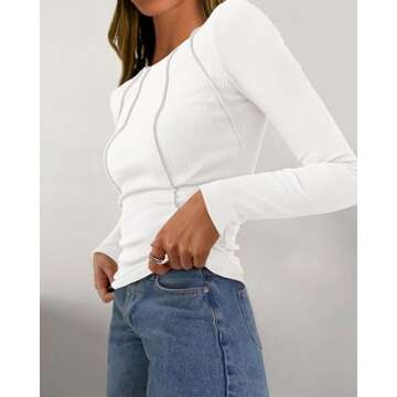 KIRUNDO Ribbed Long Sleeve Tops for Women Stretchy Slim Basic Crop Tee Tops Exposed Seams Casual Spring Fall Trendy Tshirt(White, Medium)