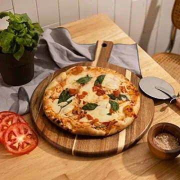 Acacia Wood Cutting Board and Chopping Board with Handle for Meat, Cheese Board, Vegetables, Bread, and Charcuterie - Decorative Wooden Serving Board for Kitchen and Dining Room, Large 17” x 13”