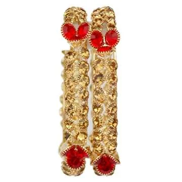 JD'Z COLLECTION Indian Jewelry Bangles CZ Stone Bangles Red Gold Bangles Traditional Bangles Flower Design Bangles For Women,Girls Bangles For Marriage Party (2.6) 2pcs Set