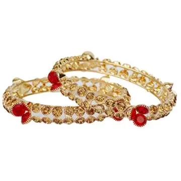 JD'Z COLLECTION Indian Jewelry Bangles CZ Stone Bangles Red Gold Bangles Traditional Bangles Flower Design Bangles For Women,Girls Bangles For Marriage Party (2.6) 2pcs Set