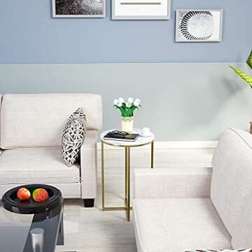 mecor Modern Round Side End Accent Table with Faux Marble Table Top and Gold Metal Frame, Beside Sofa Table Nightstand for Living Room Bedroom, Easy to Assemble