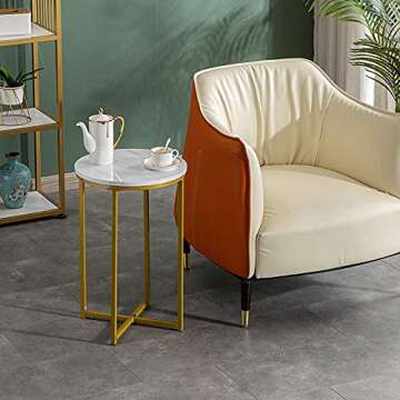 mecor Modern Round Side End Accent Table with Faux Marble Table Top and Gold Metal Frame, Beside Sofa Table Nightstand for Living Room Bedroom, Easy to Assemble