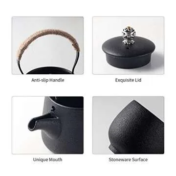 Travel Ceramic Teapot with Stovetop Warmer Tea Set 1 Pot 4 Mini Cups Chinese Kung Fu Tea Pot Porcelain Teacups Portable Protective Bag for Outdoor Picnic Camping