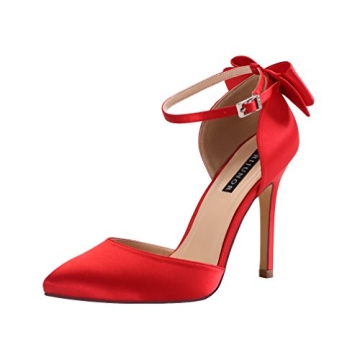 ERIJUNOR E1966A Women High Heel Bow Ankle Strap Evening Party Dance Wedding Satin Shoes Red Size 8