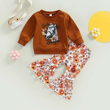 Toddler Baby Girl Western Outfit Letter Print Sweatshirt Top Cow Printed Flare Pants Set 2PCS Fall Winter Outfits (Horse, 18-24 Months)