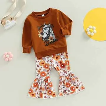 Toddler Baby Girl Western Outfit Letter Print Sweatshirt Top Cow Printed Flare Pants Set 2PCS Fall Winter Outfits (Horse, 18-24 Months)