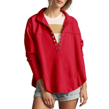 Fisoew Women's V Neck Pullover Tops - Oversized Collared Lightweight Sweatshirts