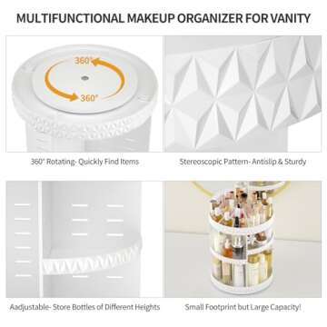 HEMTROY 360 Rotating Makeup Organizer, DIY Adjustable Cosmetics Organizer, Professional Acrylic Make Up Caddy Shelf Storage Perfume, Lipsticks, Makeup Brushes or Accessories (White)