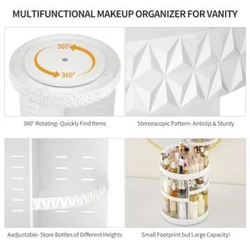 HEMTROY 360 Rotating Makeup Organizer, DIY Adjustable Cosmetics Organizer, Professional Acrylic Make Up Caddy Shelf Storage Perfume, Lipsticks, Makeup Brushes or Accessories (White)