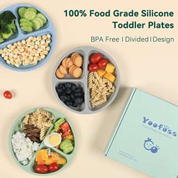 Yoofoss Toddler Plates with Lids - Suction Plates for Baby - 100% Silicone Baby Plates 3 Pack - BPA Free - Microwave and Dishwasher Safe - Divided Design - Blue,Green&Grey
