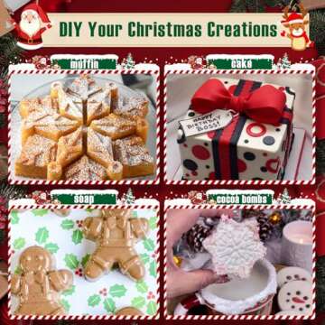 HKNMTT Large Christmas Silicone Molds for Baking Cake Muffins Oven Safe Freezing Soap Candle Cocoa Bomb Food Grade Tray, Deep Snowflake Xmas Tree Santa Gingerbread Gift Bell 6 Holiday Shapes Mould