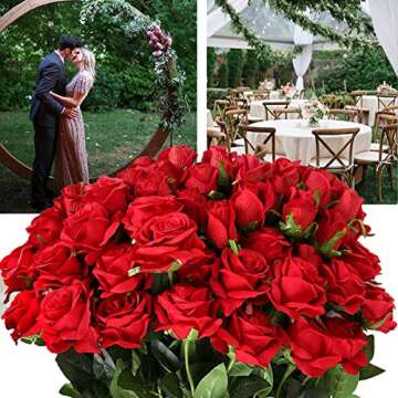 Hawesome 12PCS Artificial Silk Flowers Realistic Roses Bouquet Long Stem for Home Wedding Decoration Party A-Red -1