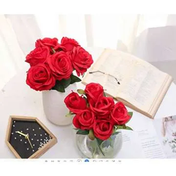 Hawesome 12PCS Artificial Silk Flowers Realistic Roses Bouquet Long Stem for Home Wedding Decoration Party A-Red -1