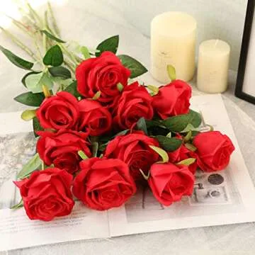 Hawesome 12PCS Artificial Silk Flowers Realistic Roses Bouquet Long Stem for Home Wedding Decoration Party A-Red -1