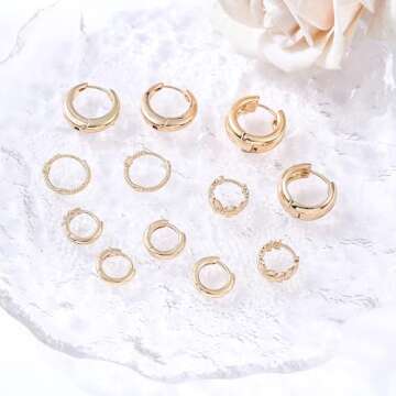 HILXURY 6 Pairs Small Gold Huggie Hoop Earrings for Women, 14K Gold Plated Cartilage Piercings Hoop Earrings Hypoallergenic, Trendy Lightweight Chunky Hoops Set for Women Gifts. (A- Gold)