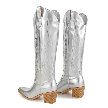 Pasuot Women Silver Cowboy Boots Wide Calf Stylish Chic