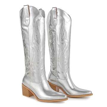 Pasuot Women Silver Cowboy Boots Wide Calf Stylish Chic
