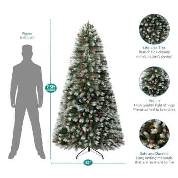 Vancouver 7.5ft Frosted Prelit Artificial Christmas Tree with Pine Cones,Faux Berries, Foot Pedal, 1...