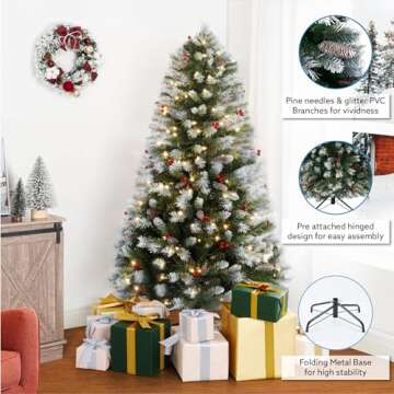 Vancouver 7.5ft Frosted Prelit Artificial Christmas Tree with Pine Cones,Faux Berries, Foot Pedal, 1346 Branch Tips,550 Warm Lights & Metal Stand, 53" Wide Realistic Decorated Spruce Christmas Tree
