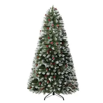Vancouver 7.5ft Frosted Prelit Artificial Christmas Tree with Pine Cones,Faux Berries, Foot Pedal, 1346 Branch Tips,550 Warm Lights & Metal Stand, 53" Wide Realistic Decorated Spruce Christmas Tree