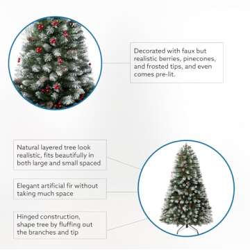 Vancouver 7.5ft Frosted Prelit Artificial Christmas Tree with Pine Cones,Faux Berries, Foot Pedal, 1346 Branch Tips,550 Warm Lights & Metal Stand, 53" Wide Realistic Decorated Spruce Christmas Tree