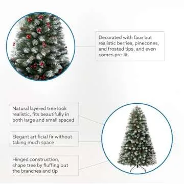 Vancouver 7.5ft Frosted Prelit Artificial Christmas Tree with Pine Cones,Faux Berries, Foot Pedal, 1346 Branch Tips,550 Warm Lights & Metal Stand, 53" Wide Realistic Decorated Spruce Christmas Tree