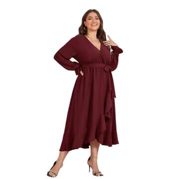 SCOMCHIC Women Plus Size Wedding Guest Maxi Dress Long Sleeve Wrap V Neck High Low Split Ruffle Cock...