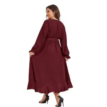 SCOMCHIC Women Plus Size Wedding Guest Maxi Dress Long Sleeve Wrap V Neck High Low Split Ruffle Cocktail Dress with Belt Burgundy
