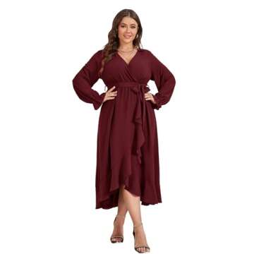 SCOMCHIC Women Plus Size Wedding Guest Maxi Dress Long Sleeve Wrap V Neck High Low Split Ruffle Cocktail Dress with Belt Burgundy