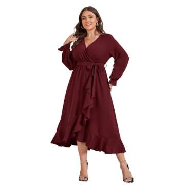 SCOMCHIC Women Plus Size Wedding Guest Maxi Dress Long Sleeve Wrap V Neck High Low Split Ruffle Cocktail Dress with Belt Burgundy