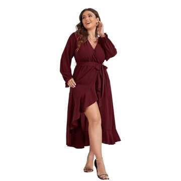 SCOMCHIC Women Plus Size Wedding Guest Maxi Dress Long Sleeve Wrap V Neck High Low Split Ruffle Cocktail Dress with Belt Burgundy