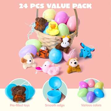 JOYIN 24 Pack Prefilled Easter Eggs of Mini Stuffed Animal Plush Toys Baster Stuffer Filler for Kids Easter Egg Hunt Game, Classroom Prize Supplies