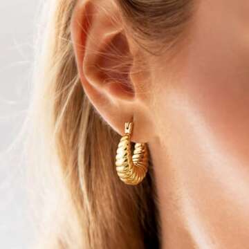 14K Gold Plated Croissant Earrings Twisted Round Hoop Earrings Chunky Hoop Earrings 925 Sterling Sil...