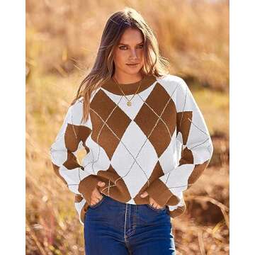 BTFBM Women's Argyle Plaid Pullover Crew Neck Casual Long Sleeve Christmas Sweater Oversized Fall Wi...